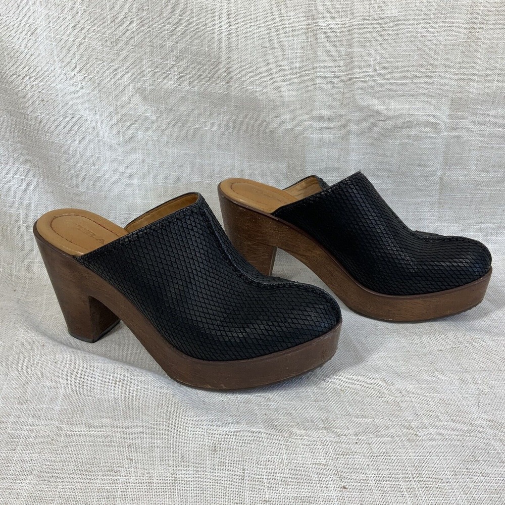 Trask Sz‎ 8.5 Gwen Heeled Clogs Mules Black Leather Animal Print EUC